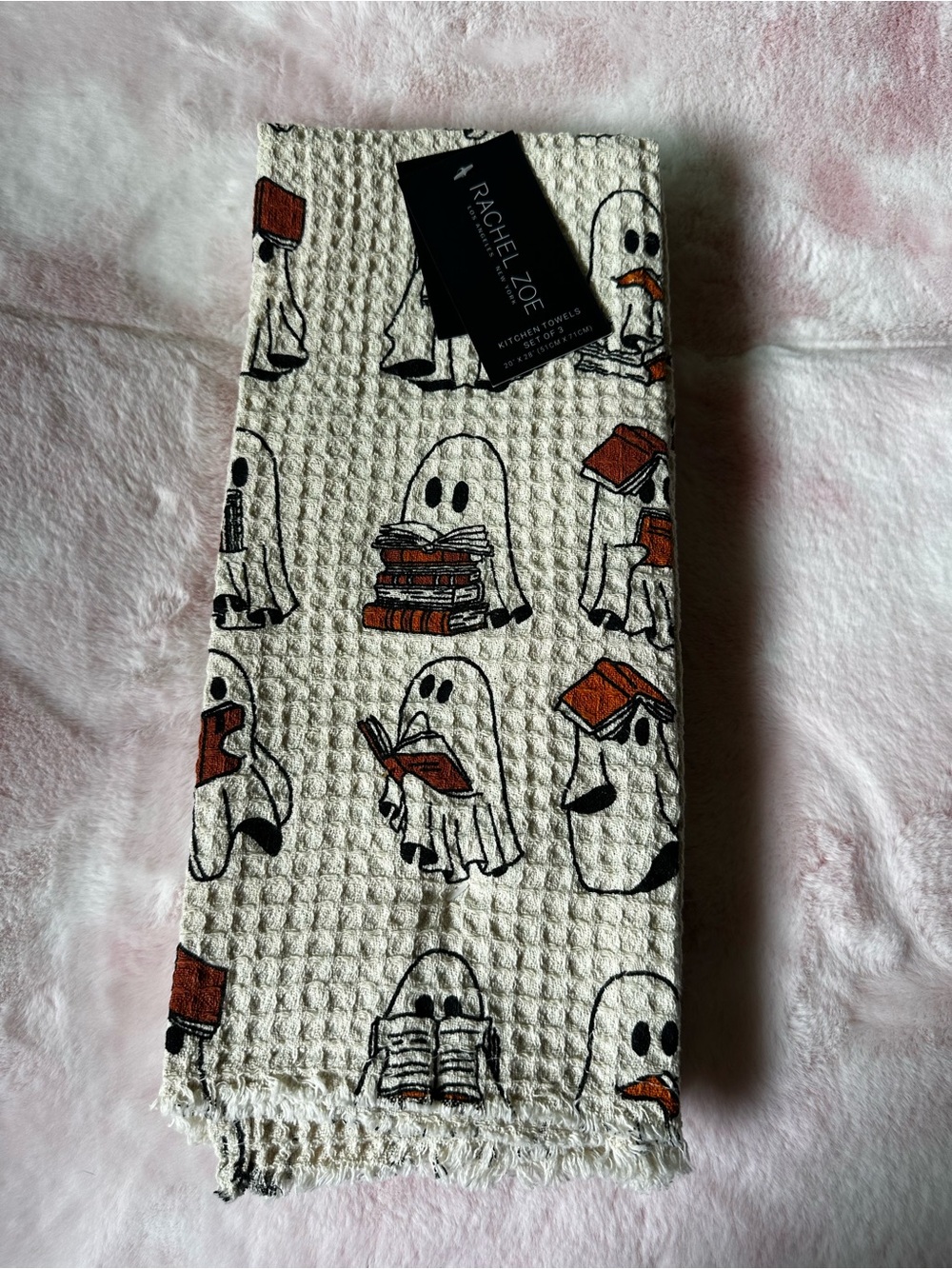 Ghosts Reading Books - Cream Waffle-Knit Kitchen Towel Rachel Zoe NWT